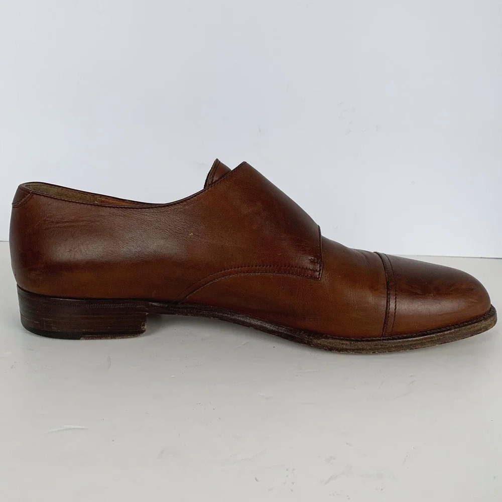 SALVATORE FERRAGAMO Leather Double Monk Strap Cap Toe Shoes 12 D Brown Italy